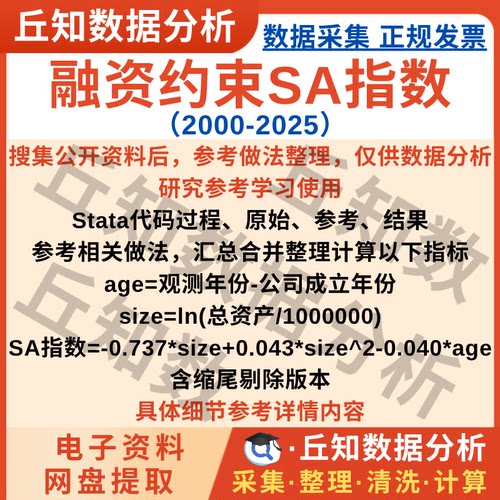 融资约束SA指数2025-2000上市公司含Stata代码Do文档剔除缩尾版本