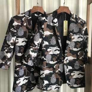 福利款 春秋款潮流男士七分袖迷彩外套修身百搭小西服