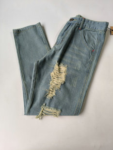 春夏款 九分裤 破洞时尚 复古港风牛仔裤 潮款 工作裤