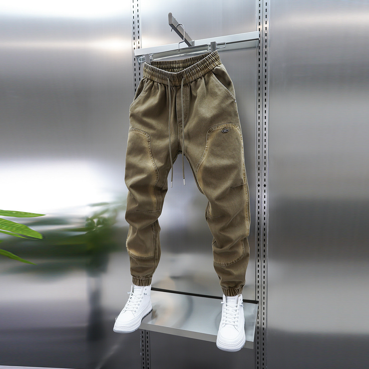 潮流男士时尚新款加绒休闲裤弹力拼接水洗工艺韩版高端棉布小脚裤