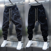 束脚哈伦裤 潮流男士 纯色弹力百搭小脚裤 冬季 新款 加绒大口袋休闲裤