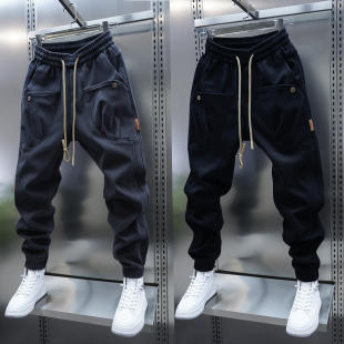 新款 束脚哈伦裤 加绒大口袋休闲裤 冬季 纯色弹力百搭小脚裤 潮流男士