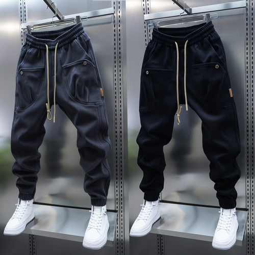 潮流冬季加绒纯色束脚男休闲裤