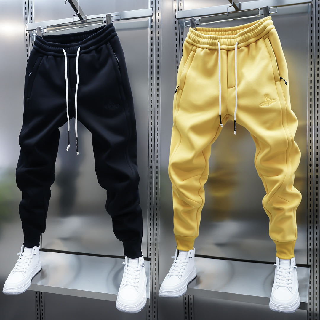 潮流男士新款加绒卫裤纯色拼接刺绣束脚裤百搭弹力松紧腰哈伦裤