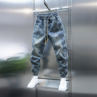 加厚松紧腰小脚裤 潮流男士 浅蓝色重工提花束脚裤 牛仔裤 春秋新款