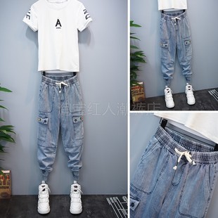 春季男士浅色牛仔裤工装束脚宽松老爹9分裤潮流网红同款韩版阔腿