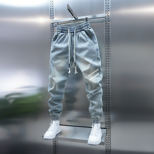 春秋新款水洗拼接束脚男牛仔裤