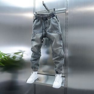 时尚 束脚裤 秋冬季 2025潮流男士 小脚裤 韩版 新款 拼接加绒做旧牛仔裤