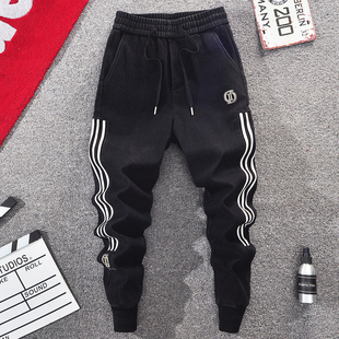 冬季新款加绒牛仔裤男刺绣三条杠修身小脚裤精神小伙束脚休闲裤潮