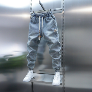 百搭小脚裤 潮流男士 松紧腰休闲裤 春秋新款 浅蓝色拼接束脚牛仔裤