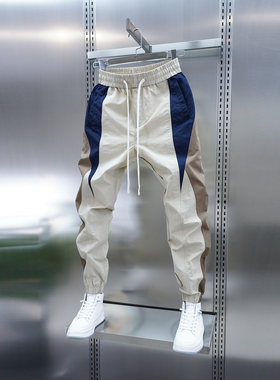 2026潮流男士拼色束脚休闲裤春夏薄款速干撞色小脚裤青少年运动裤