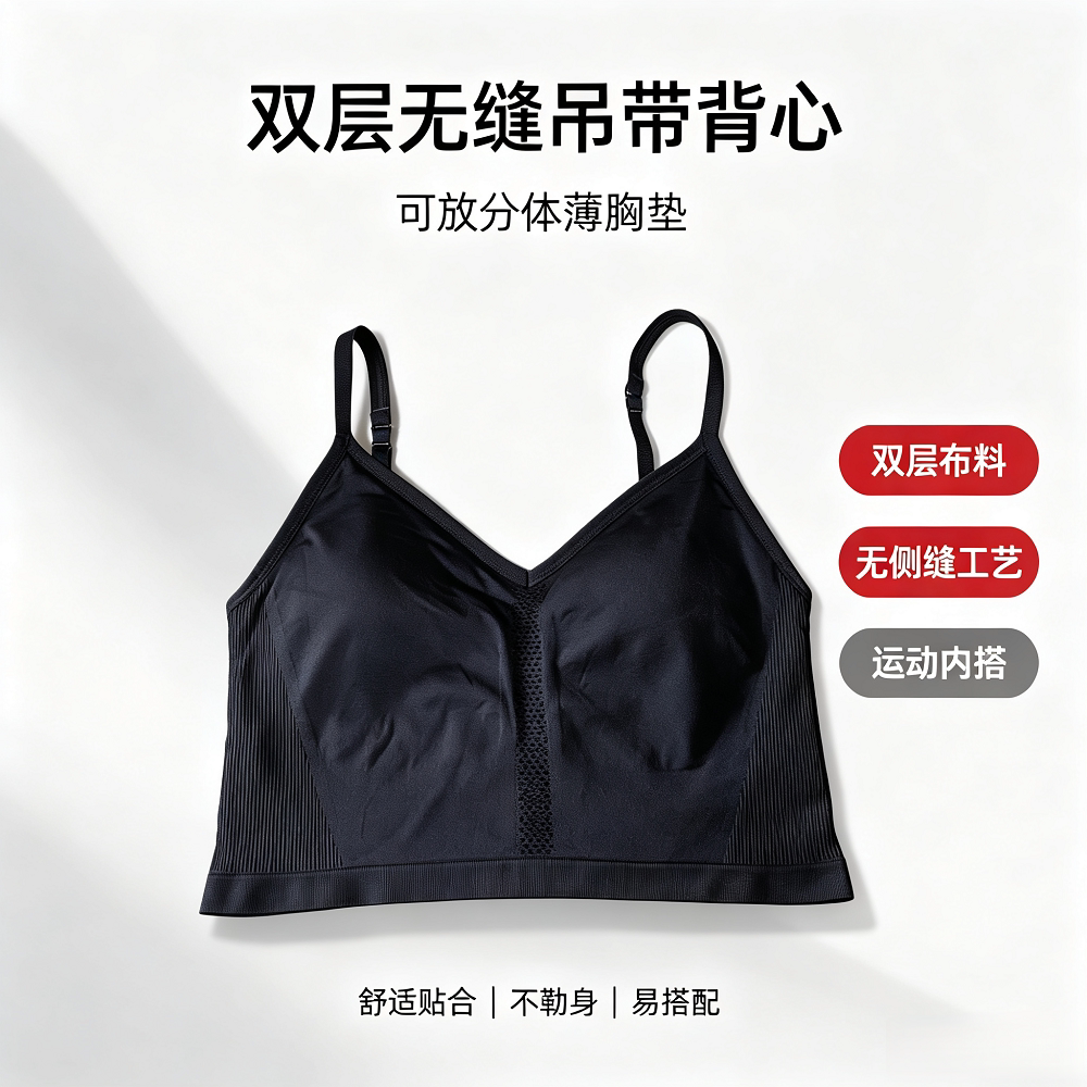 无侧缝工艺 双层面料 可拆卸薄胸垫 可调节肩带 瑜伽运动无缝吊带
