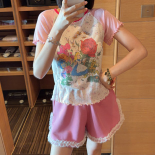 【张静芝】粉插肩袖公主花朵撞色领碎花T恤