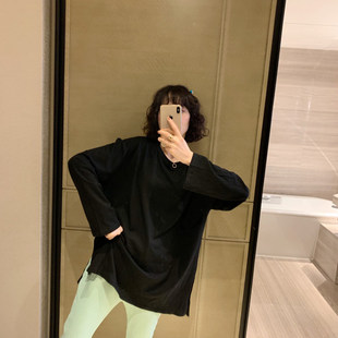 【张静芝】多色糖果色入侧开叉圆领长袖长版休闲棉T恤女