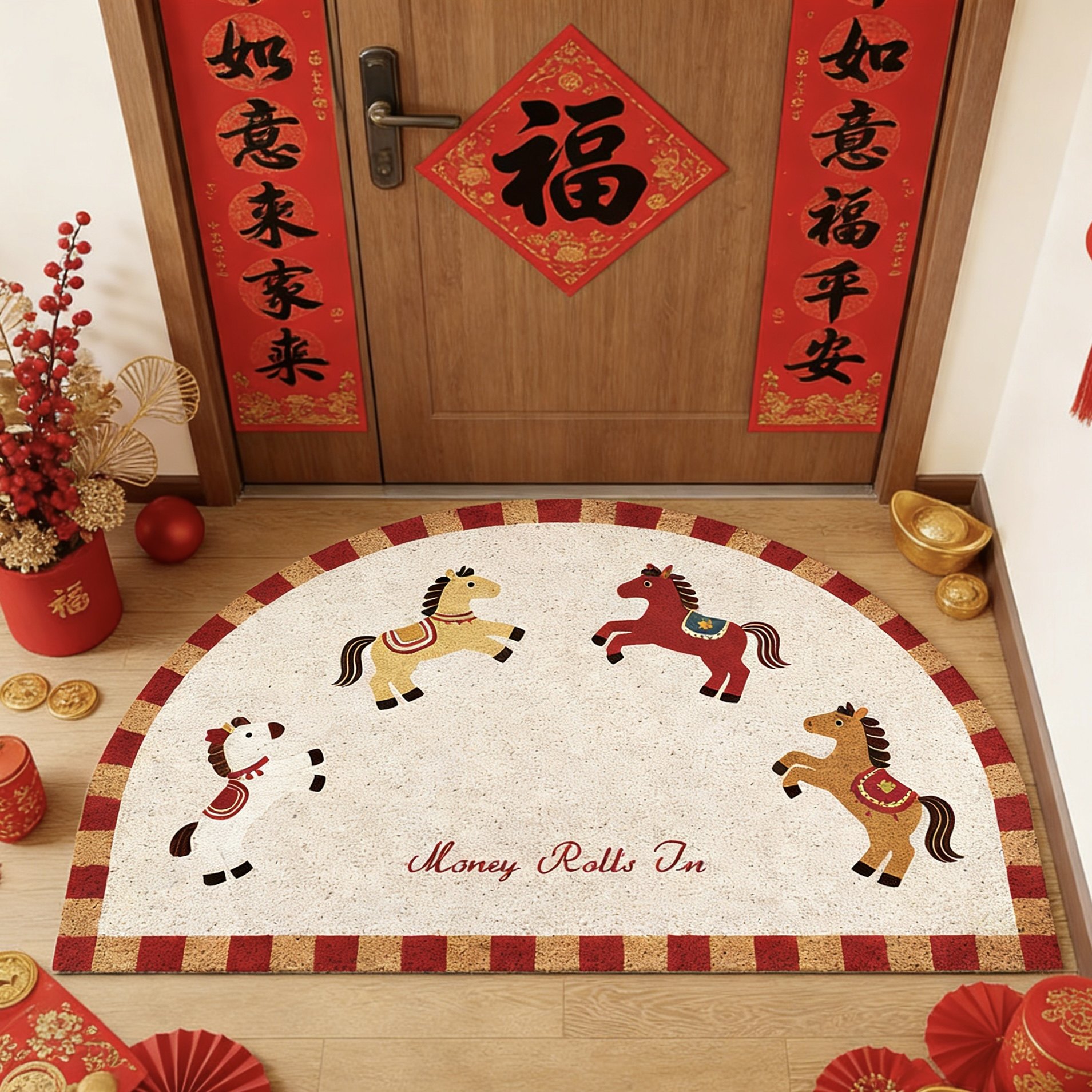 马年半圆形丝圈入户门垫喜庆玄关脚垫刮泥蹭土家用地垫可裁剪加厚,居家布艺,入户地垫,淘宝优惠券,粉丝福利购,淘宝优惠卷