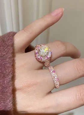 S925纯银玫瑰殿下红刚玉粉钻甜甜圈中古风戒指女合集叠戴美拉德