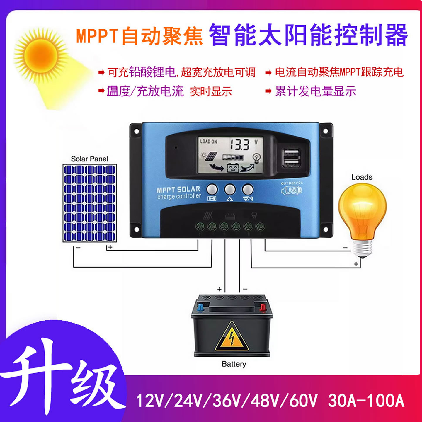 MPPT太阳能控制器充放电铅酸锂电
