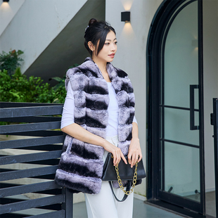 2024獭兔皮毛一体毛青紫兰龙猫色中长款 背心轻奢皮草外套立领马甲