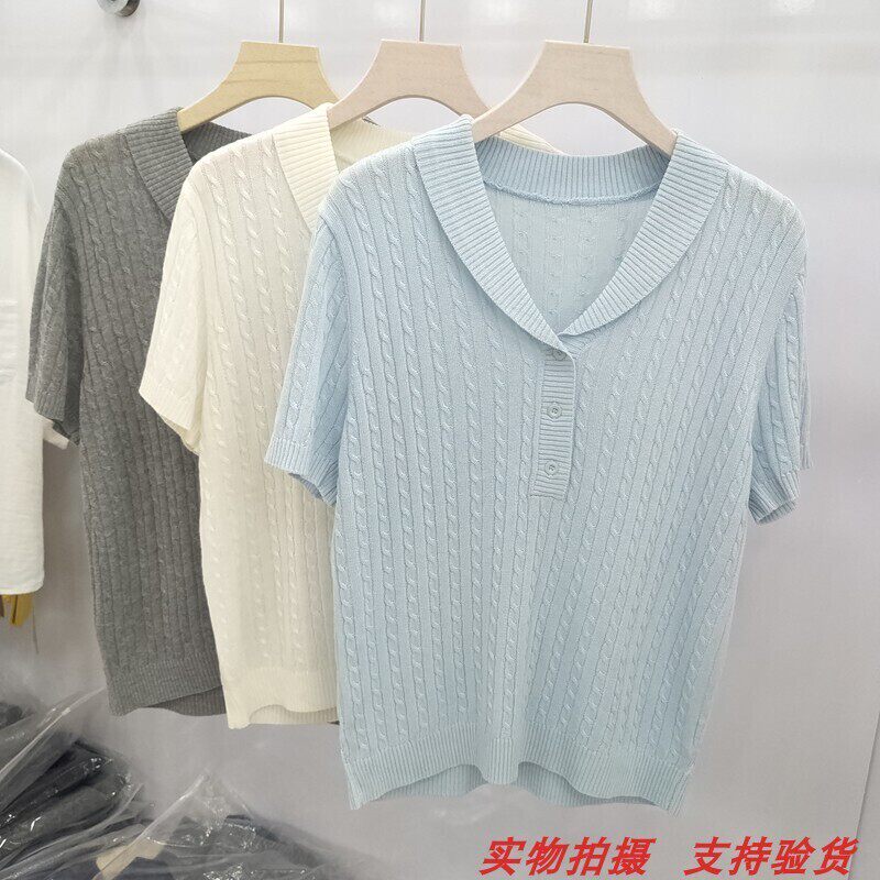 茜2026夏季老钱风小翻领三粒扣麻花针织衫女短袖显瘦纯色简约上衣