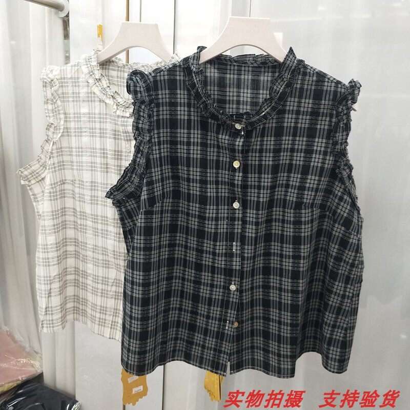 无袖格子棉质学院风气质棉衬衣