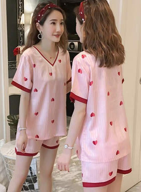 女冰丝条纹睡衣韩版家居服套装