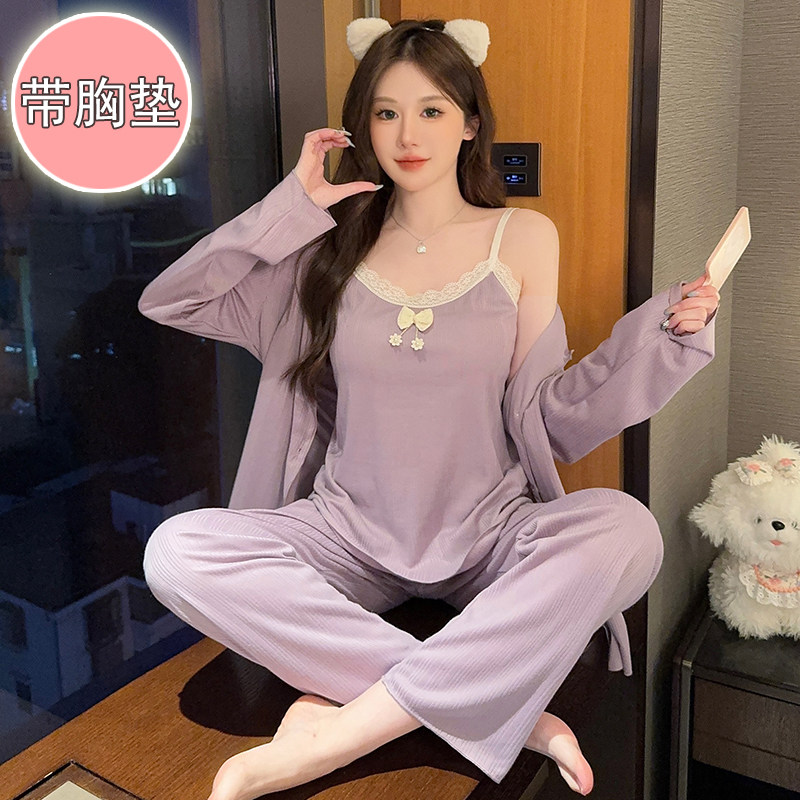 春夏棉质甜美带胸垫睡衣三件套女