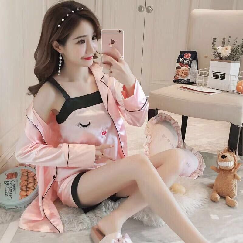 睡衣女夏季冰丝吊带性感薄款韩版真丝绸三四件套家居服可外穿春秋