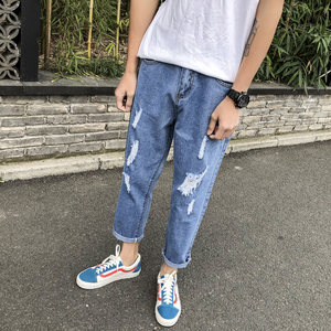毛边破洞九分裤男休闲牛仔裤XZ214-8 K36-P35图片