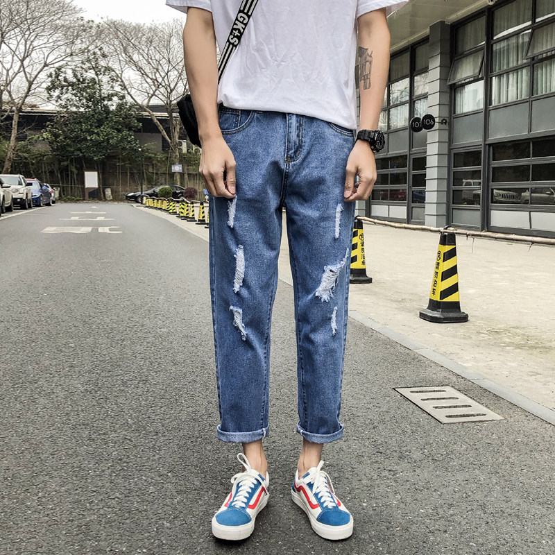 毛边破洞九分裤男休闲牛仔裤XZ214-8K36-P35,男装牛仔裤,星座1204-3