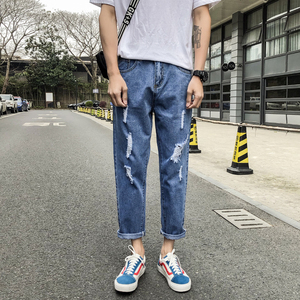 新款毛边破洞九分裤男休闲牛仔裤XZ214-8K36-P35,柳州旅行穿搭男夏季图片