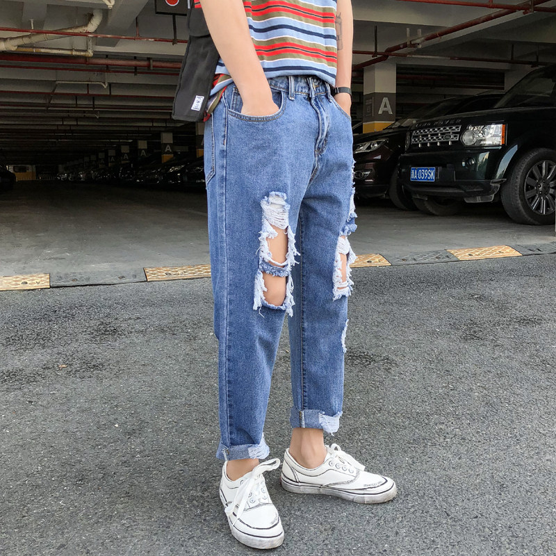 港风毛边大破洞九分裤男牛仔裤XZ214-8K37-P35,男装牛仔裤,星座1204-3