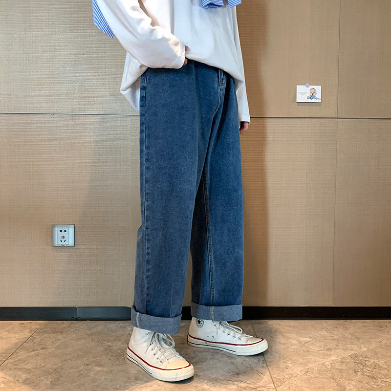 港风百搭简约牛仔裤宽松坠感阔腿裤九分裤XZ214-8900-P40控59,男装牛仔裤,星座1204-3