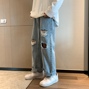 港风大破洞休闲裤直筒牛仔裤拖地裤男 XZ214-8 905-P45控69图片