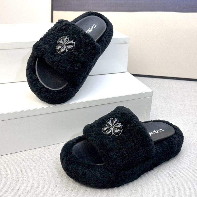 夏秋2026真皮毛一体羊羔毛毛拖鞋女厚底中跟外穿高级感一字拖凉鞋