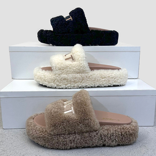 夏新款2025真皮毛一体羊羔毛毛拖鞋女松糕厚底中跟外穿高级感凉鞋