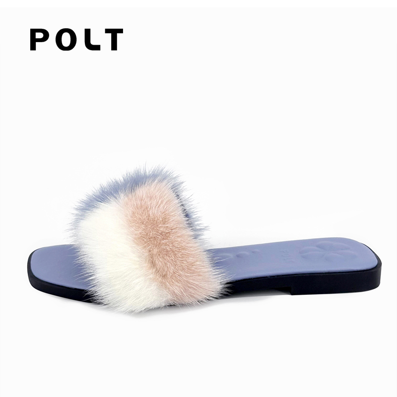 POLT真皮水貂毛夏天平底鞋女凉鞋