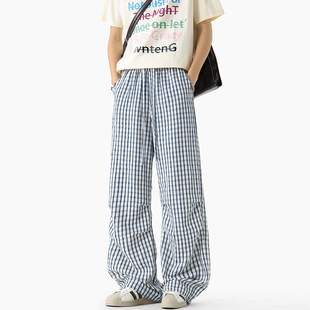 褶皱格纹弯刀裤子男款春季设计感宽松休闲拖地裤潮牌直筒阔腿长裤