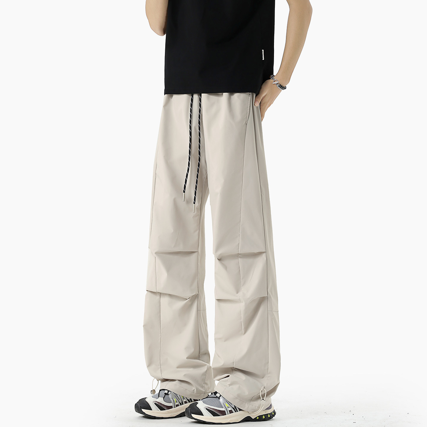 褶皱裤子男春季休闲宽松大码美式伞兵工装裤青少年潮牌直筒阔腿裤