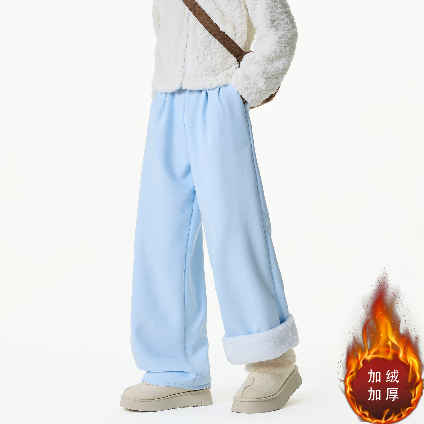 羊羔绒裤子男冬季防风防寒青少年加绒加厚休闲裤宽松直筒阔腿卫裤