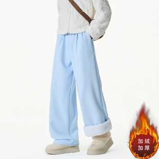 羊羔绒裤子男冬季防风防寒青少年加绒加厚休闲裤宽松直筒阔腿卫裤
