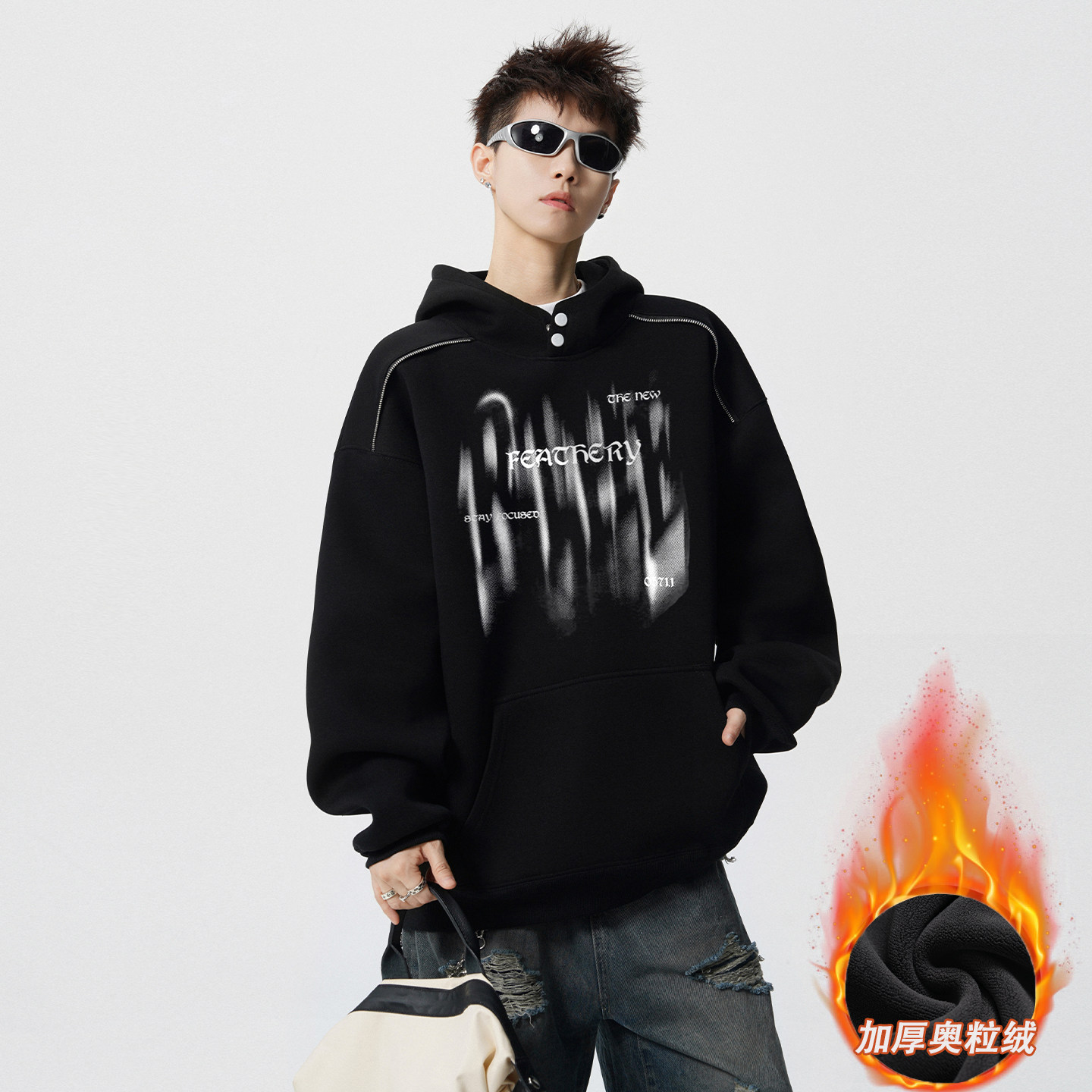 青少年黑色重磅卫衣男款冬季加绒宽松连帽衣服美式摇粒绒休闲上衣