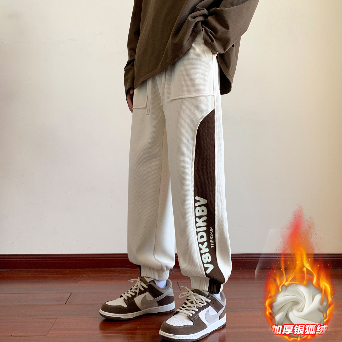 拼接字母卫裤男秋冬季加绒加厚新款青少年束脚运动裤宽松休闲裤子