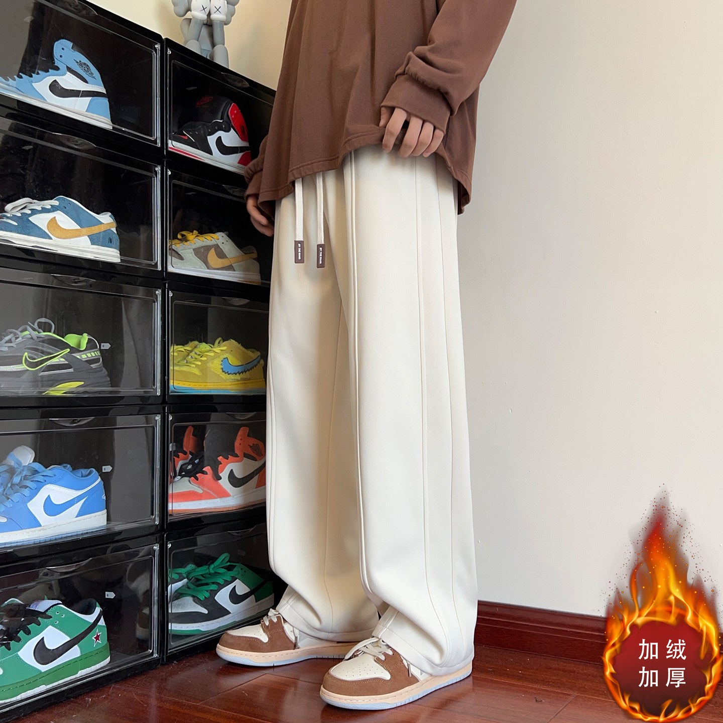 裤子男款冬季加绒加厚青少年潮流运动休闲裤美式宽松直筒阔腿卫裤