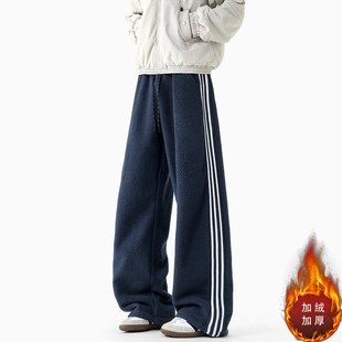男生宽松直筒阔腿重磅卫裤 条纹裤 新款 加绒加厚运动休闲裤 子男冬季
