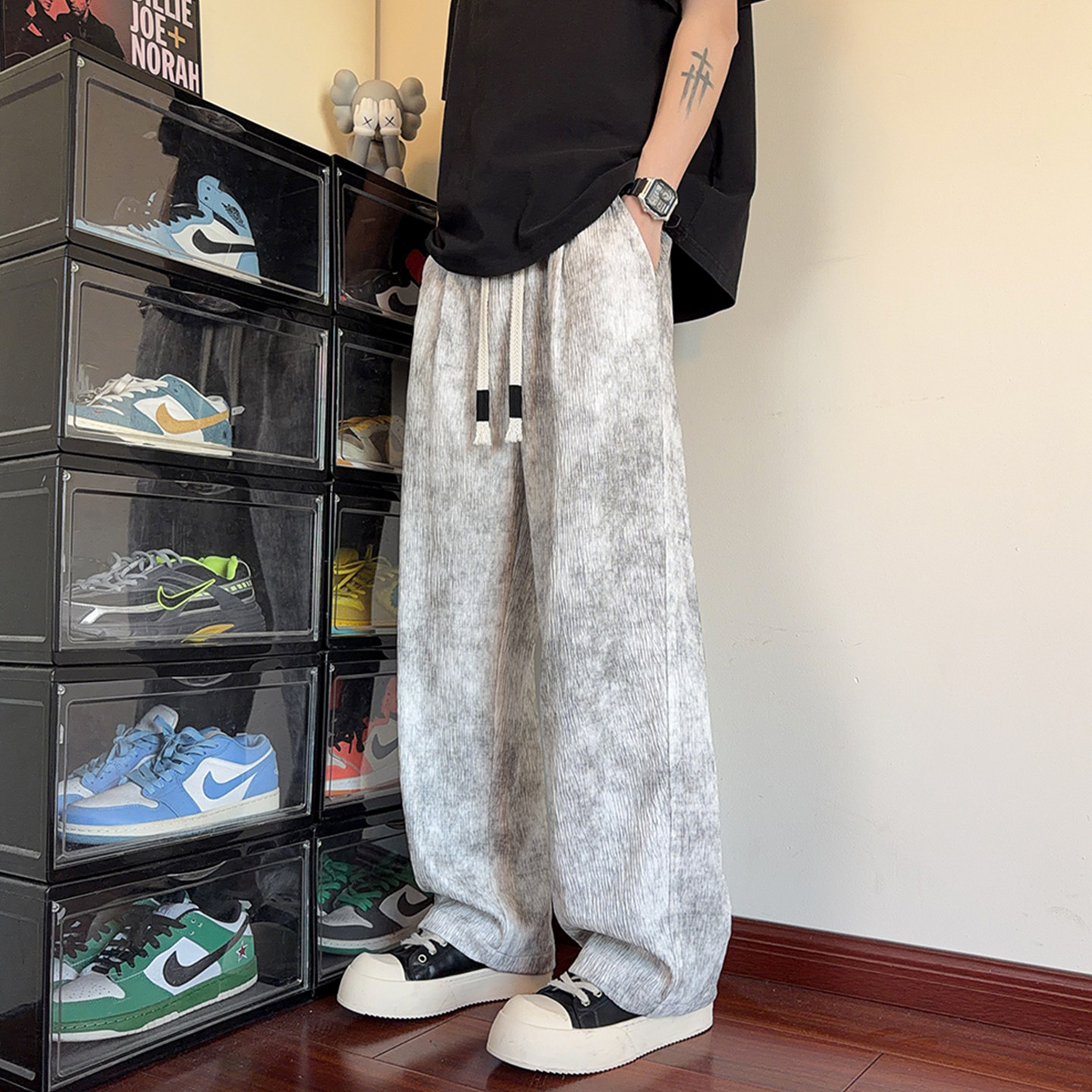 褶皱扎染裤子男款春夏季冰丝凉感宽松休闲长裤潮牌男士直筒阔腿裤