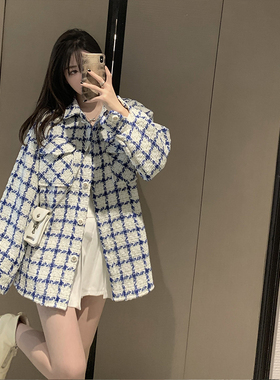 KKK STUDIO 蓝白格子粗花呢编织小香风短外套女春秋款衬衫式夹克