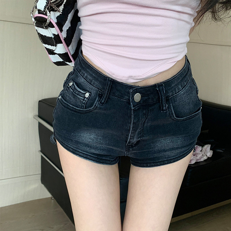 KKK STUDIO 前短后长牛仔裤女夏季高腰a字短裤性感辣妹包臀热裤