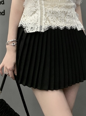 KKK STUDIO 2023秋冬新款 百搭休闲纯黑色高腰百褶裙短裙A字裙