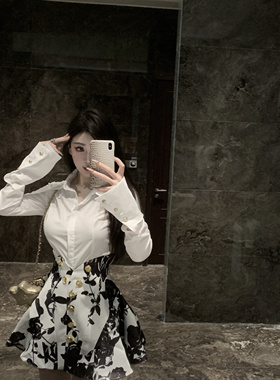 2024年新款春季白衬衣金扣修身气质简约白领收腰显瘦衬衫上衣女