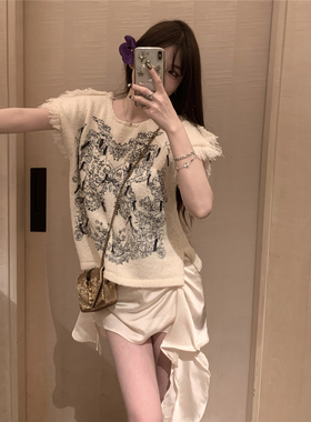 KKK STUDIO 0220 00:00 设计感小众重工刺绣针织衫女宽松短袖上衣